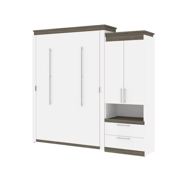 Orion Queen Murphy Bed and Storage Cabinet with Pull-Out Shelf (95W), White & Walnut Grey, Bestar, Mfr#: 116888-000017